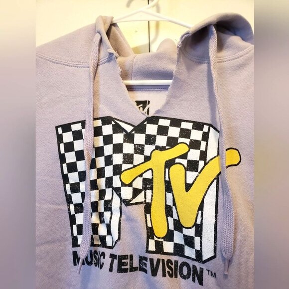 MTV Womens 3X Lavender Cropped Hoodie Checkered Logo Sweatshirt Streetwear Y2K - Picture 4 of 8